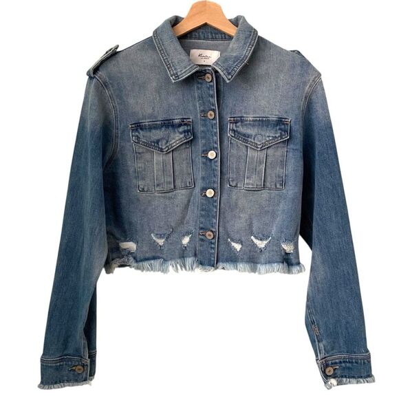 KanCan Blue Cropped Denim Jacket Raw/ Distressed Hem in Size Medium - Picture 1 of 8